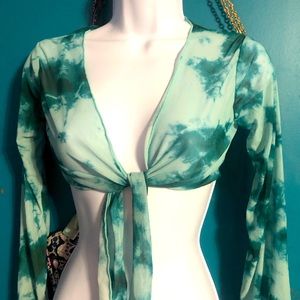 Blue tie-dye swimsuit cover/shirt long sleeve sheer